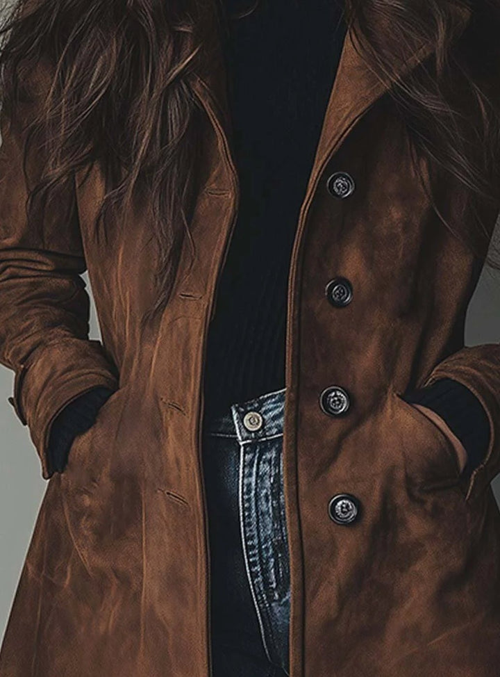 Women's Faux Suede Long Coat with Notch Lapels - Waverly - Brown