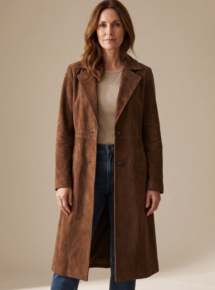 Women's Faux Suede Long Coat with Notch Lapels - Waverly - Brown