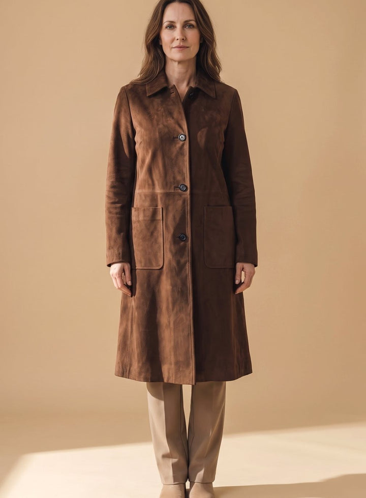Women's Faux Suede Long Coat with Notch Lapels - Waverly - Brown