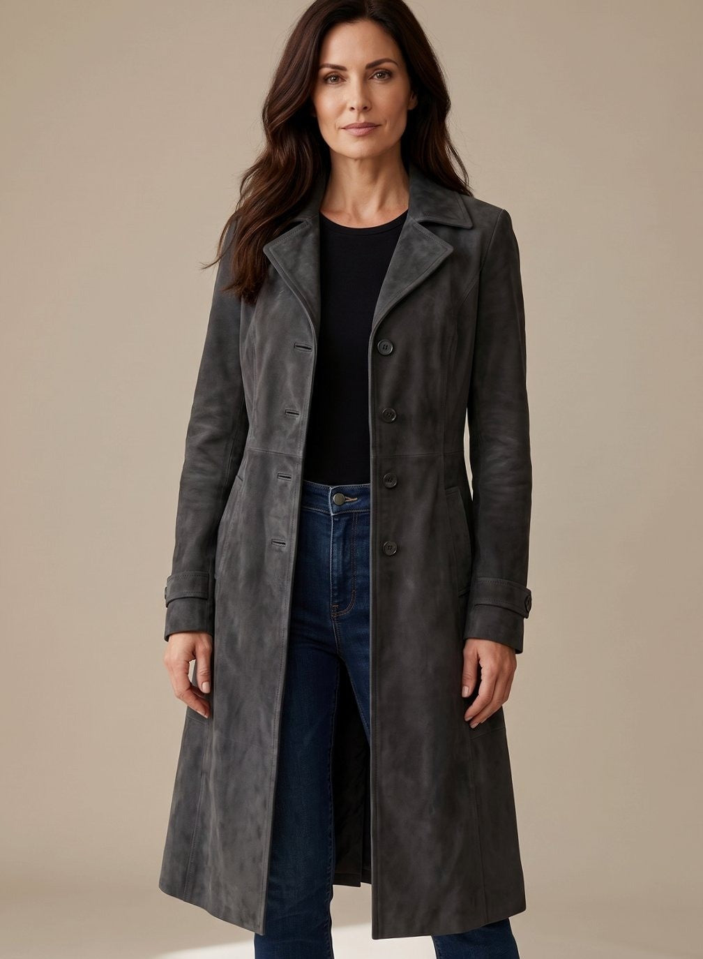 Women's Faux Suede Long Coat with Notch Lapels - Waverly - Charcoal
