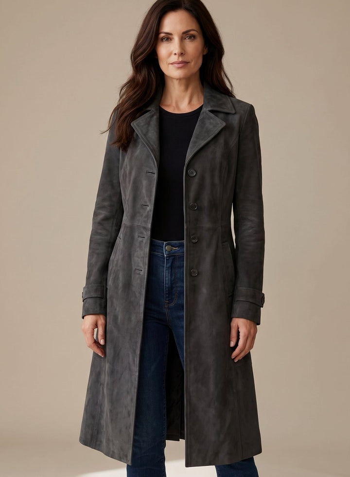 Women's Faux Suede Long Coat with Notch Lapels - Waverly - Charcoal