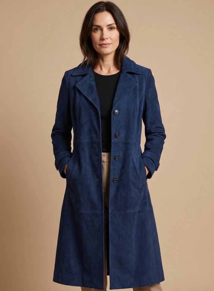 Women's Faux Suede Long Coat with Notch Lapels - Waverly - Navy