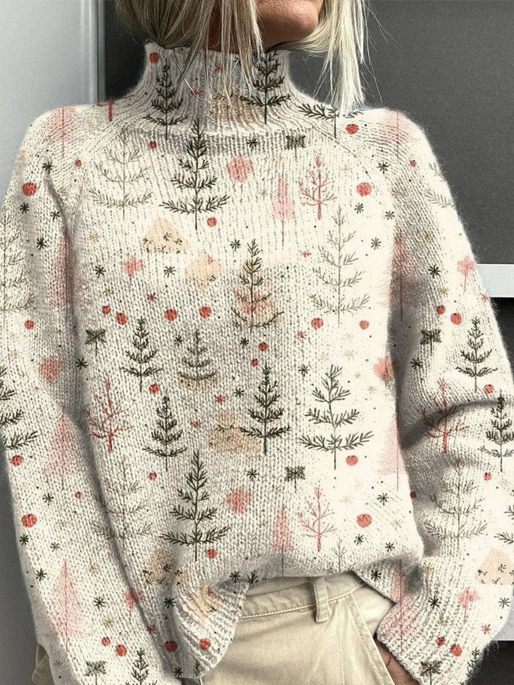 Women's Festive Christmas Sweater with Tree Print - Georgia - Cream