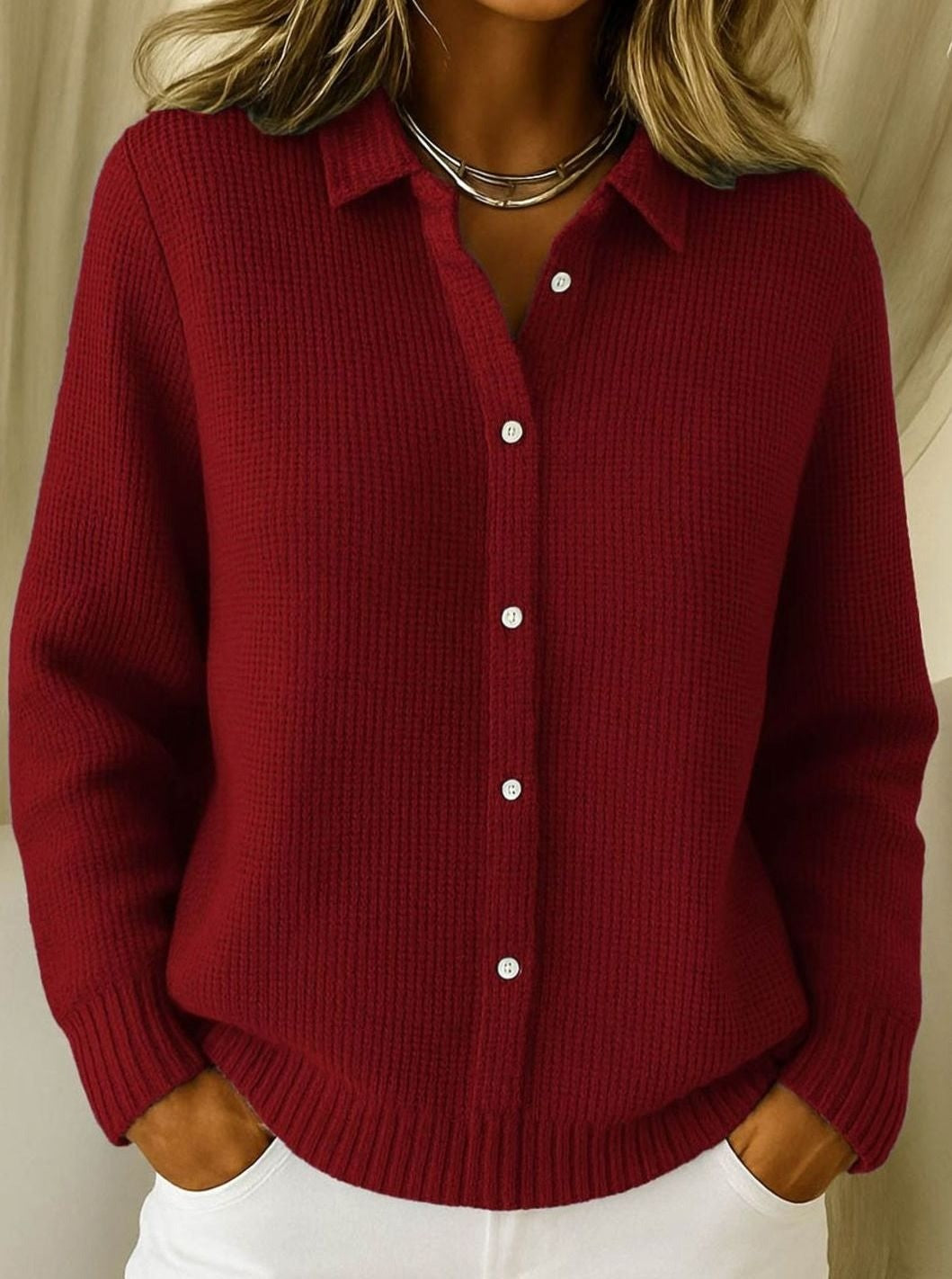 Women's Fitted Button Cardigan with Collar - Maren - Burgundy