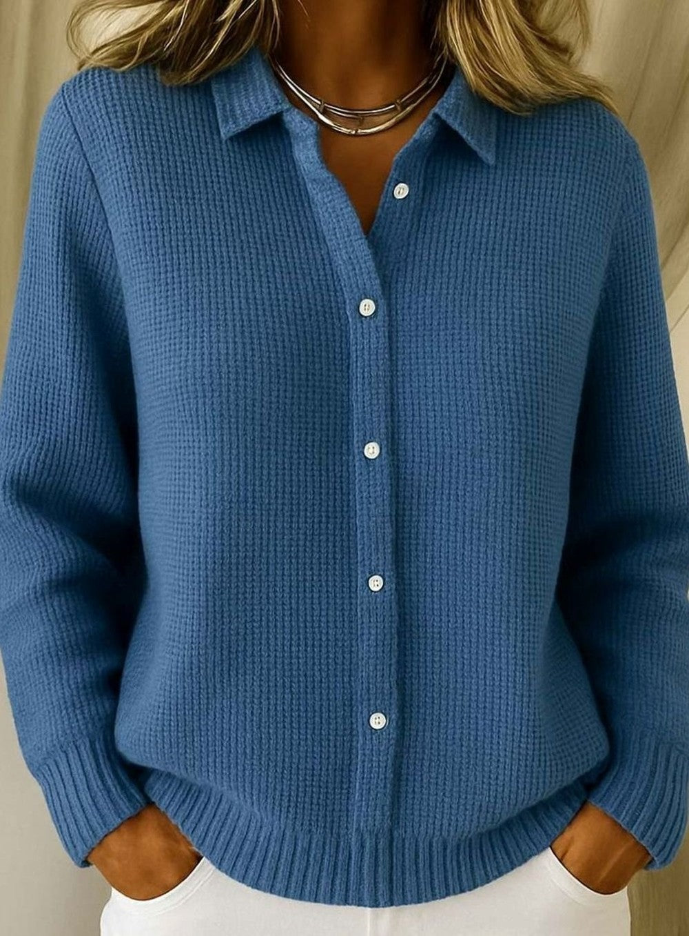Women's Fitted Button Cardigan with Collar - Maren - Denim Blue