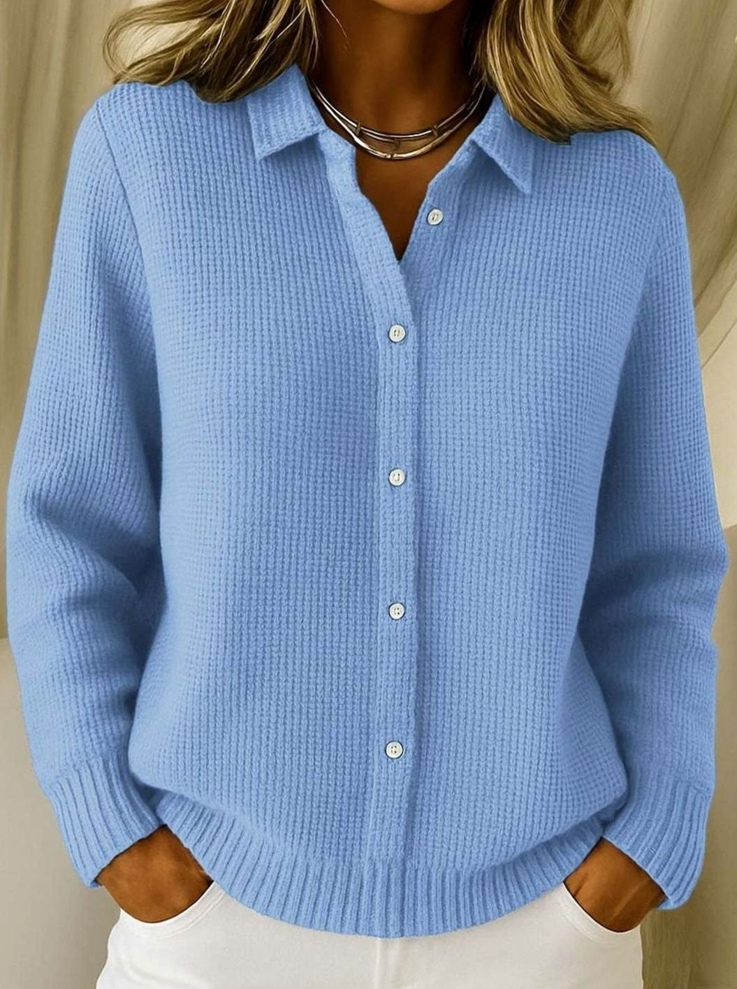 Women's Fitted Button Cardigan with Collar - Maren - Light Blue