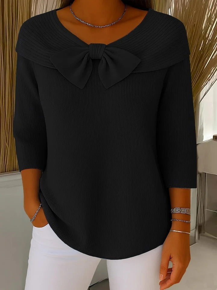 Women's Fitted Sweater with Bow Neckline - Fern - Black