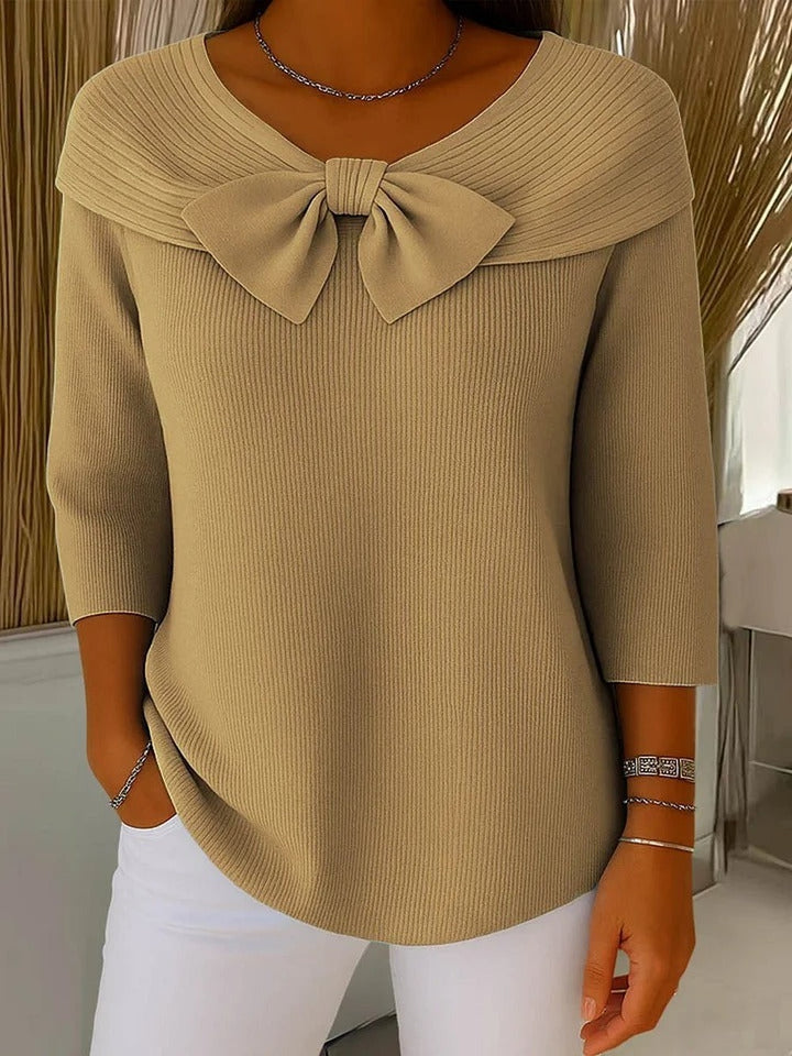 Women's Fitted Sweater with Bow Neckline - Fern - Khaki