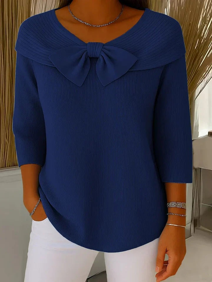 Women's Fitted Sweater with Bow Neckline - Fern - Navy
