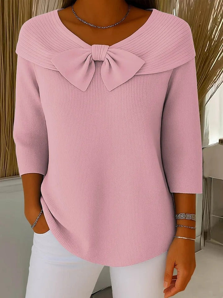 Women's Fitted Sweater with Bow Neckline - Fern - Pink
