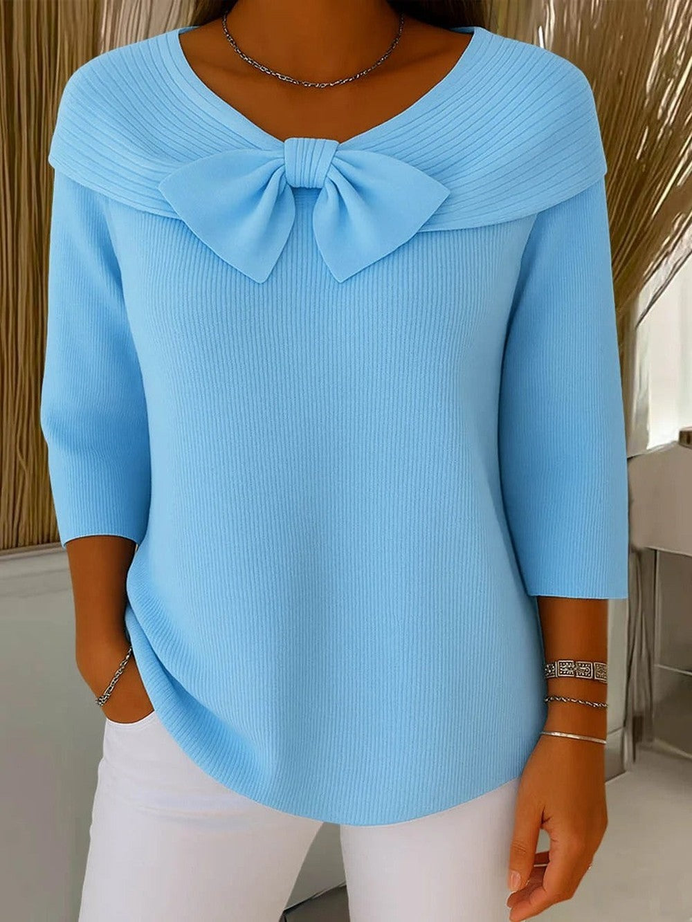 Women's Fitted Sweater with Bow Neckline - Fern - Sky Blue