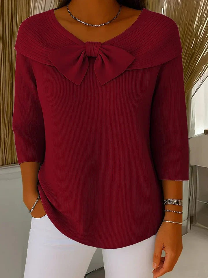Women's Fitted Sweater with Bow Neckline - Fern - Wine Red