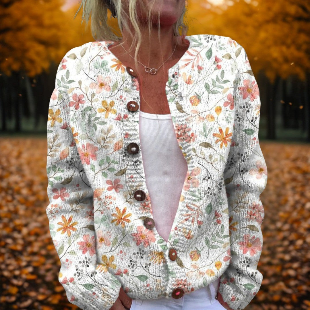 Women's Floral Button Cardigan with Botanical Print - Mabel - Ivory Floral