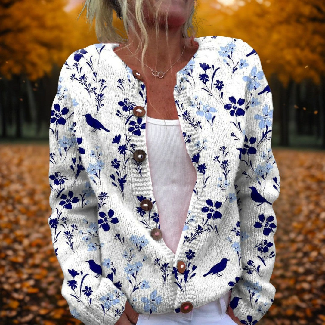 Women's Floral Cardigan with Songbird Print - Nova - White Navy Floral