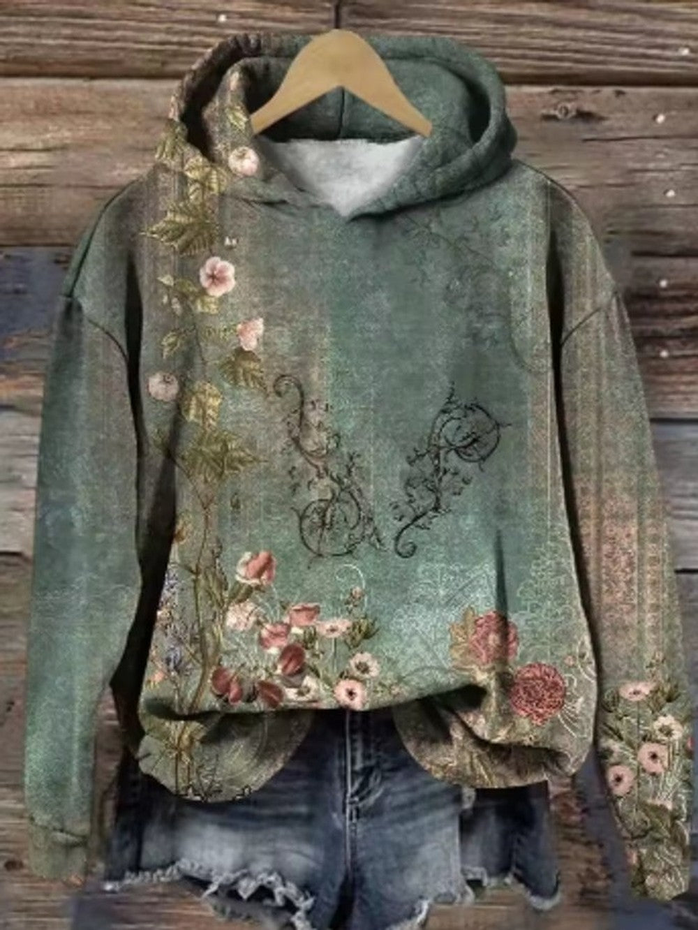 Women's Floral Hoodie with Oversized Fit - Vesper - Sage Floral