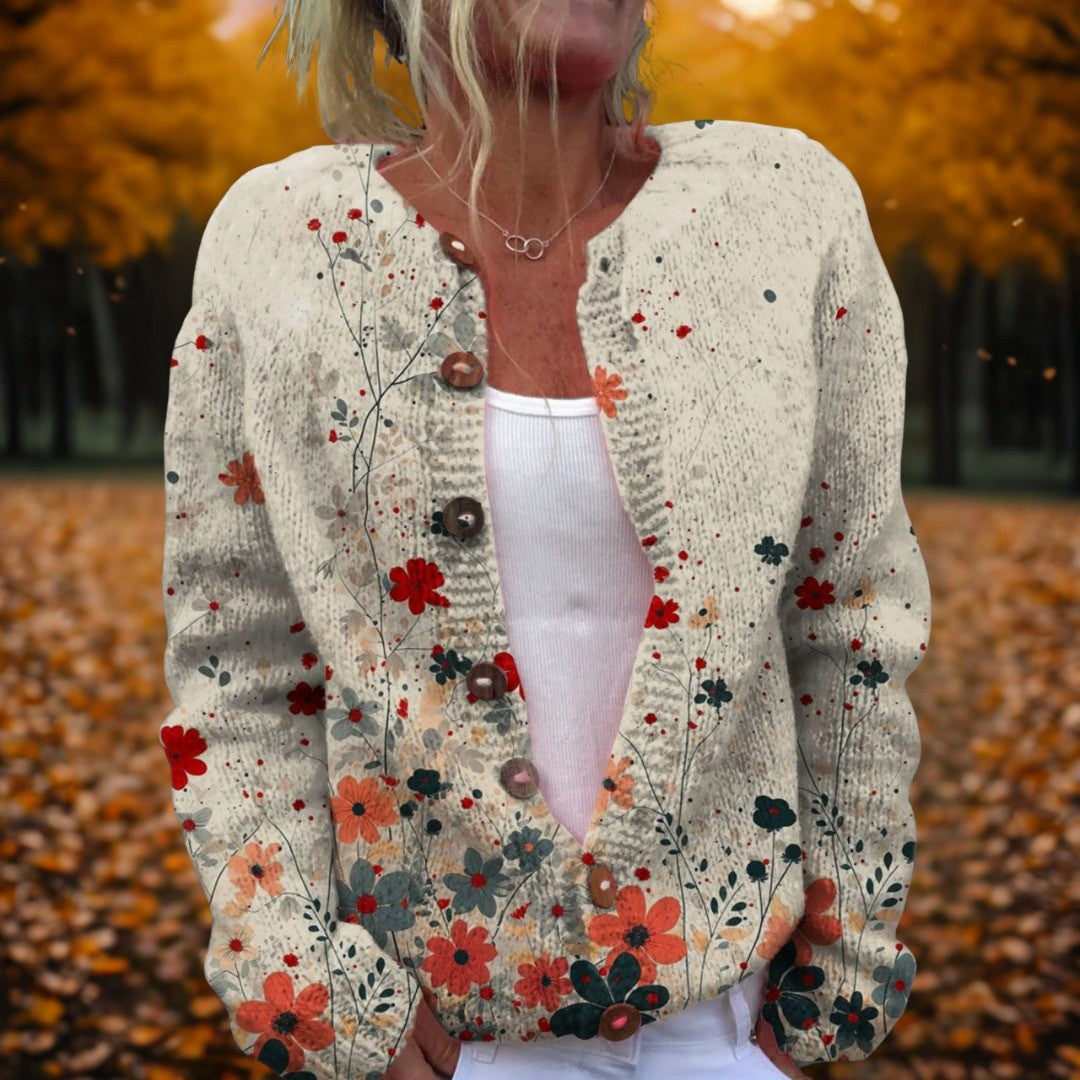 Women's Floral Print Button Cardigan - Margot - Cream Floral