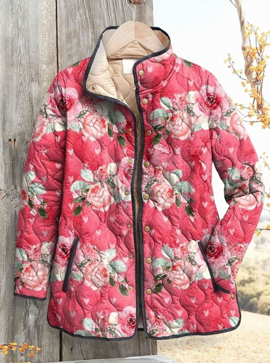 Women's Floral Quilted Jacket with Stand Collar - Mae - Pink Floral