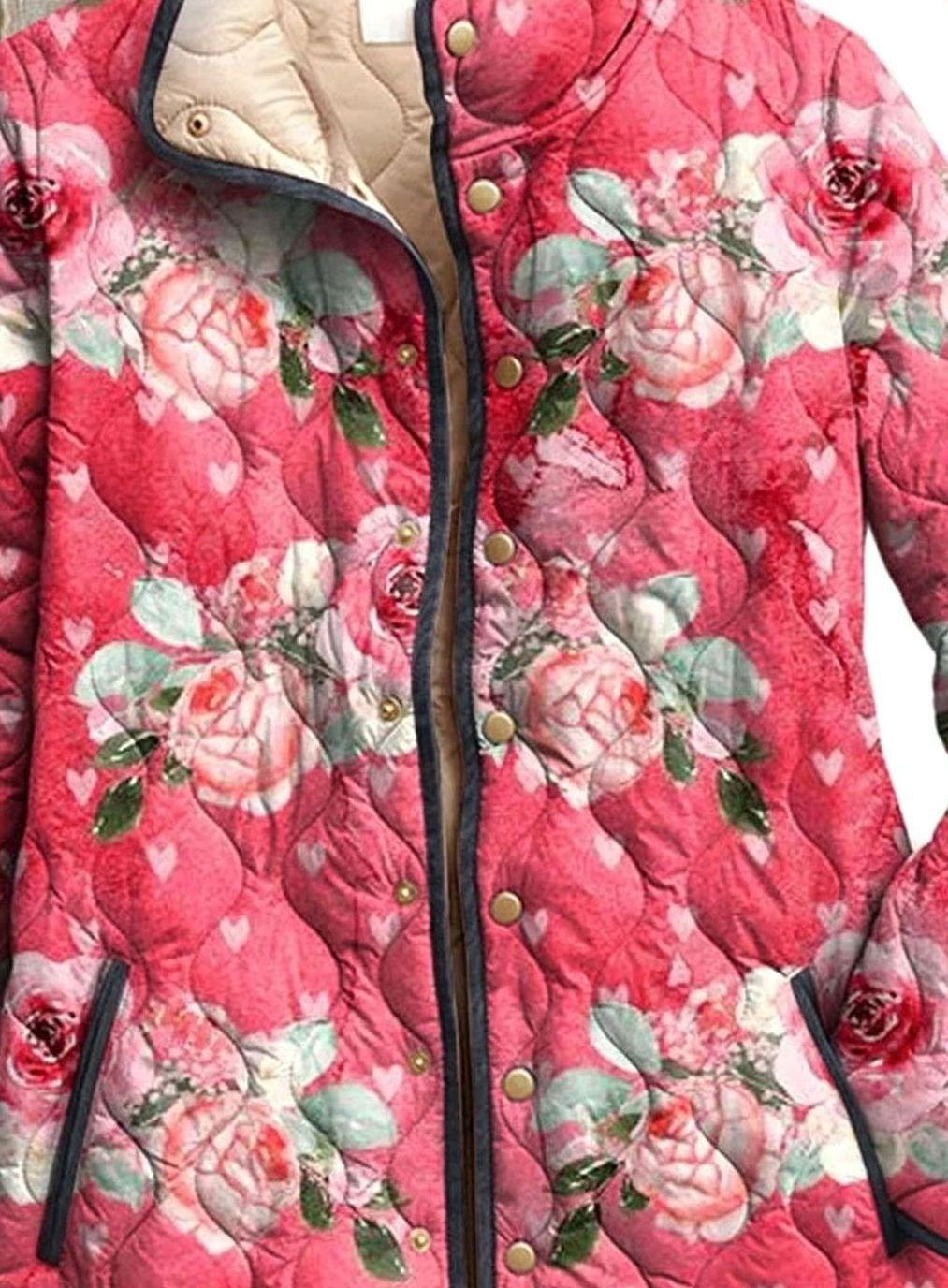 Women's Floral Quilted Jacket with Stand Collar - Mae - Pink Floral