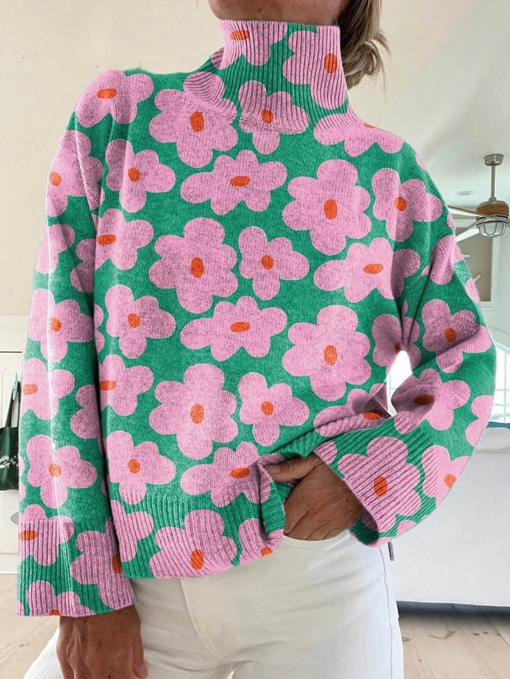 Women's Floral Turtleneck with Balloon Sleeves - Rhea - Green Floral