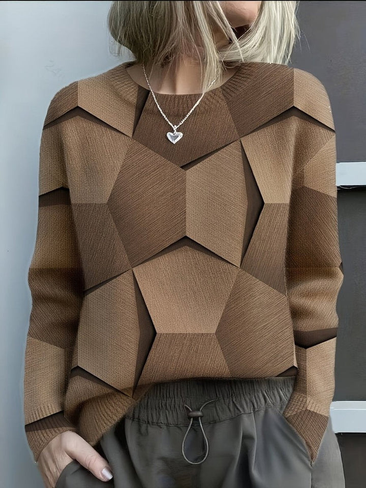 Women's Geometric Print Sweater with Crew Neck - Daphne - Brown