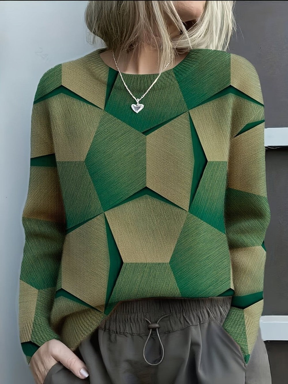 Women's Geometric Print Sweater with Crew Neck - Daphne - Green