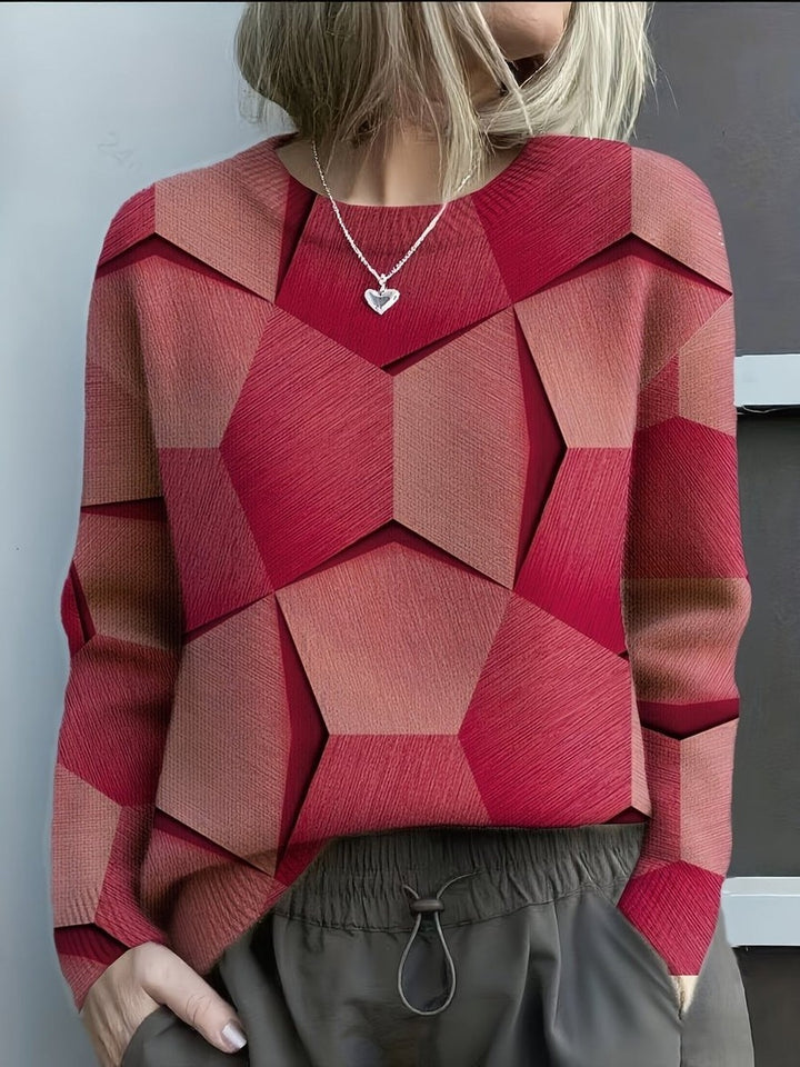 Women's Geometric Print Sweater with Crew Neck - Daphne - Raspberry