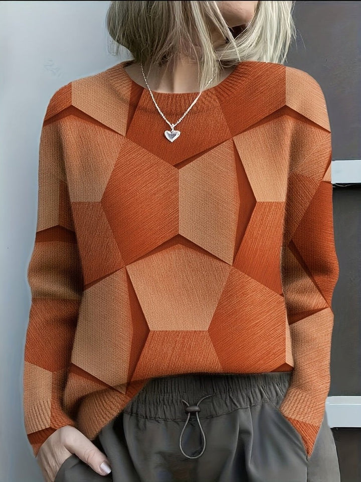 Women's Geometric Print Sweater with Crew Neck - Daphne - Rust