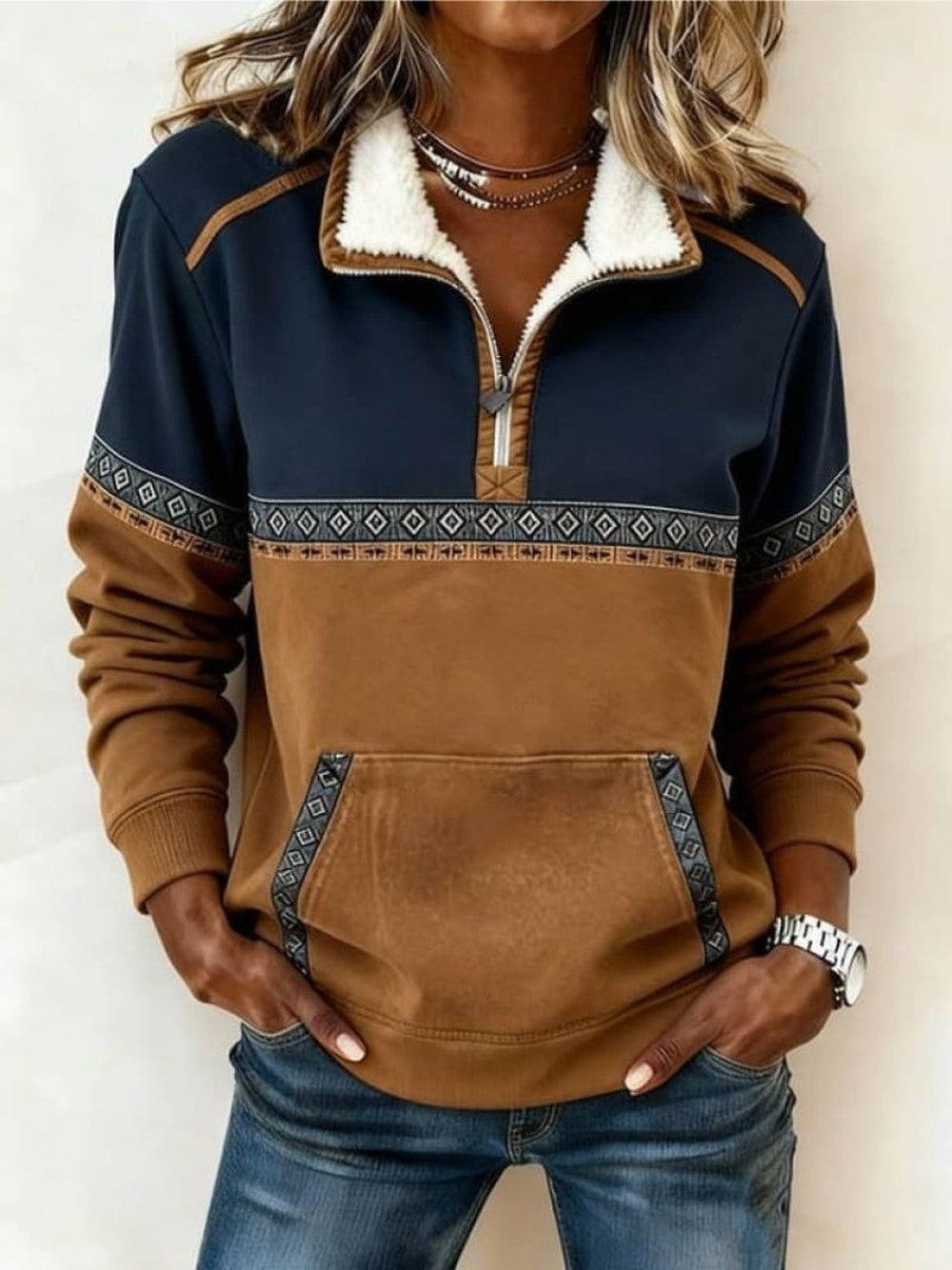 Women's Half Zip Sweatshirt with Fleece Collar - Jade - Navy Caramel
