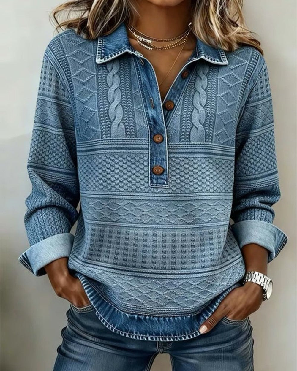 Women's Henley Sweater with Denim Collar - Trudy - Blue
