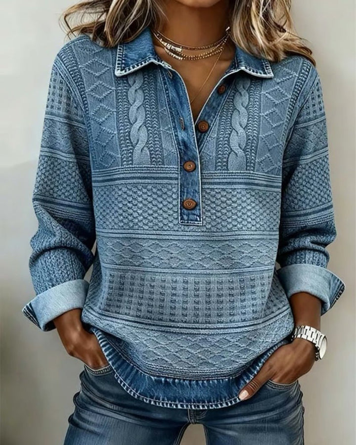 Women's Henley Sweater with Denim Collar - Trudy - Blue