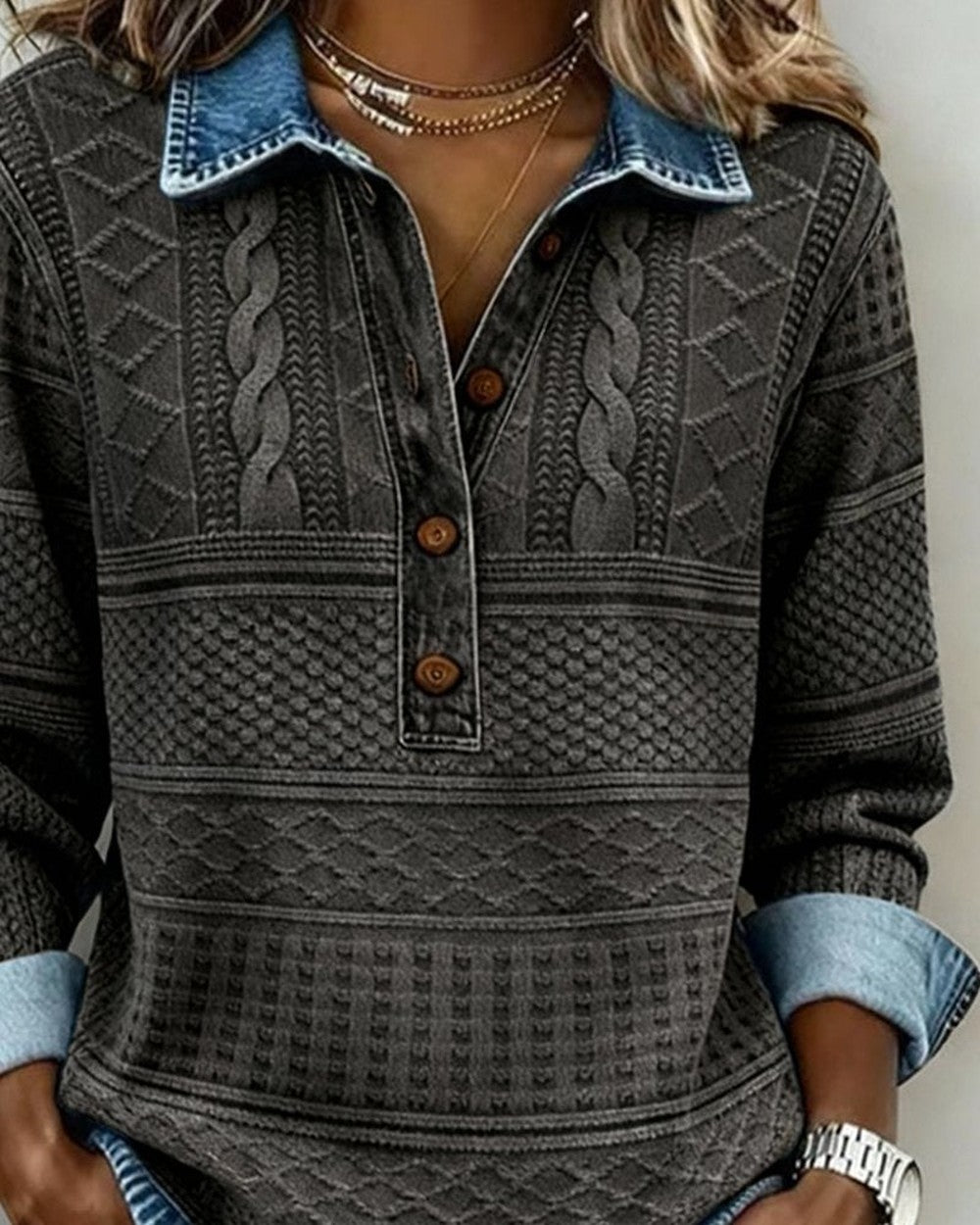 Women's Henley Sweater with Denim Collar - Trudy - Charcoal
