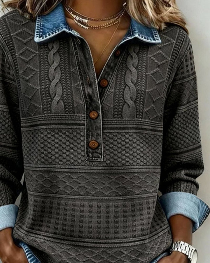 Women's Henley Sweater with Denim Collar - Trudy - Charcoal