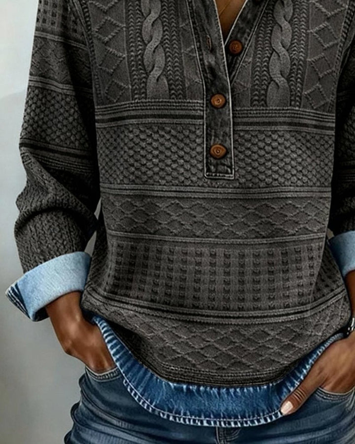 Women's Henley Sweater with Denim Collar - Trudy - Charcoal