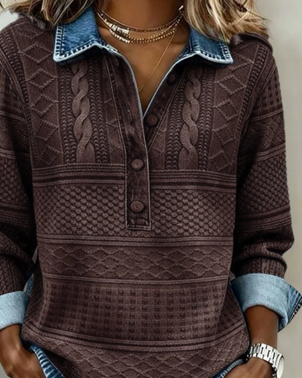 Women's Henley Sweater with Denim Collar - Trudy - Coffee