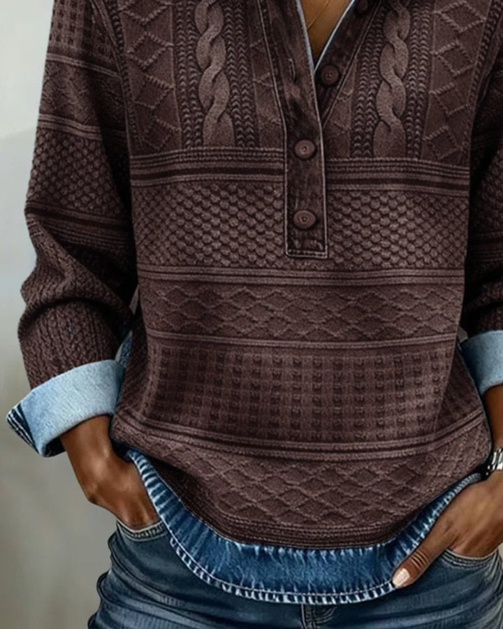 Women's Henley Sweater with Denim Collar - Trudy - Coffee
