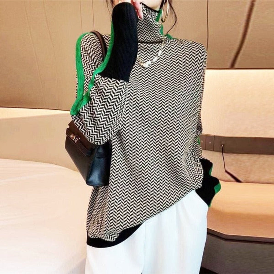 Women's Herringbone Turtleneck Sweater with Stripes - Ada - Green Stripe