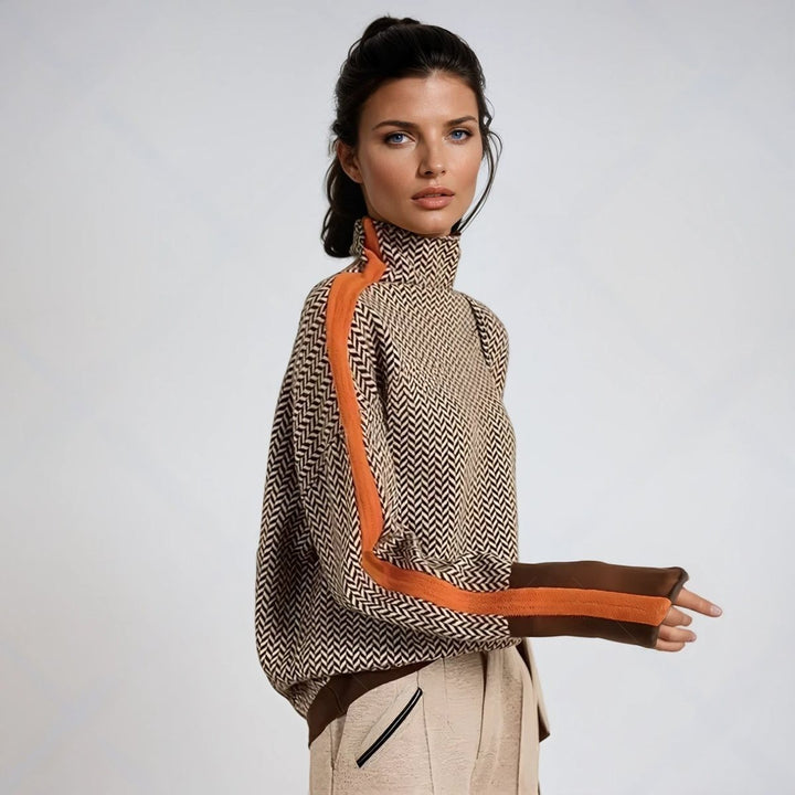 Women's Herringbone Turtleneck Sweater with Stripes - Ada - Orange Stripe