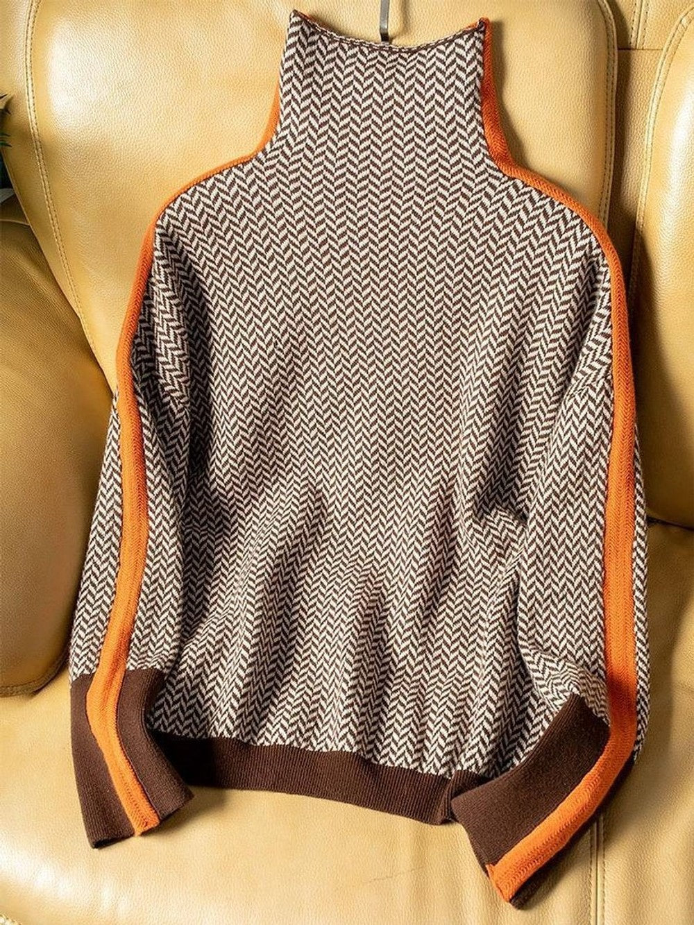 Women's Herringbone Turtleneck Sweater with Stripes - Ada - Orange Stripe