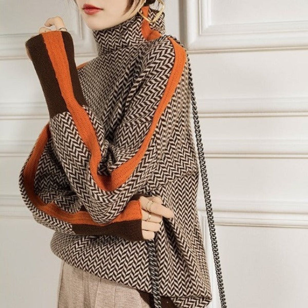 Women's Herringbone Turtleneck Sweater with Stripes - Ada - Orange Stripe