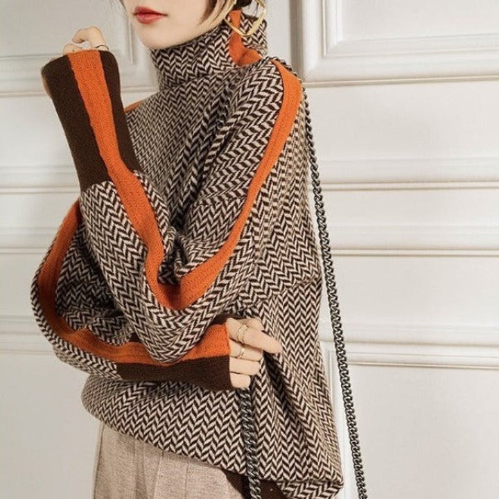 Women's Herringbone Turtleneck Sweater with Stripes - Ada - Orange Stripe
