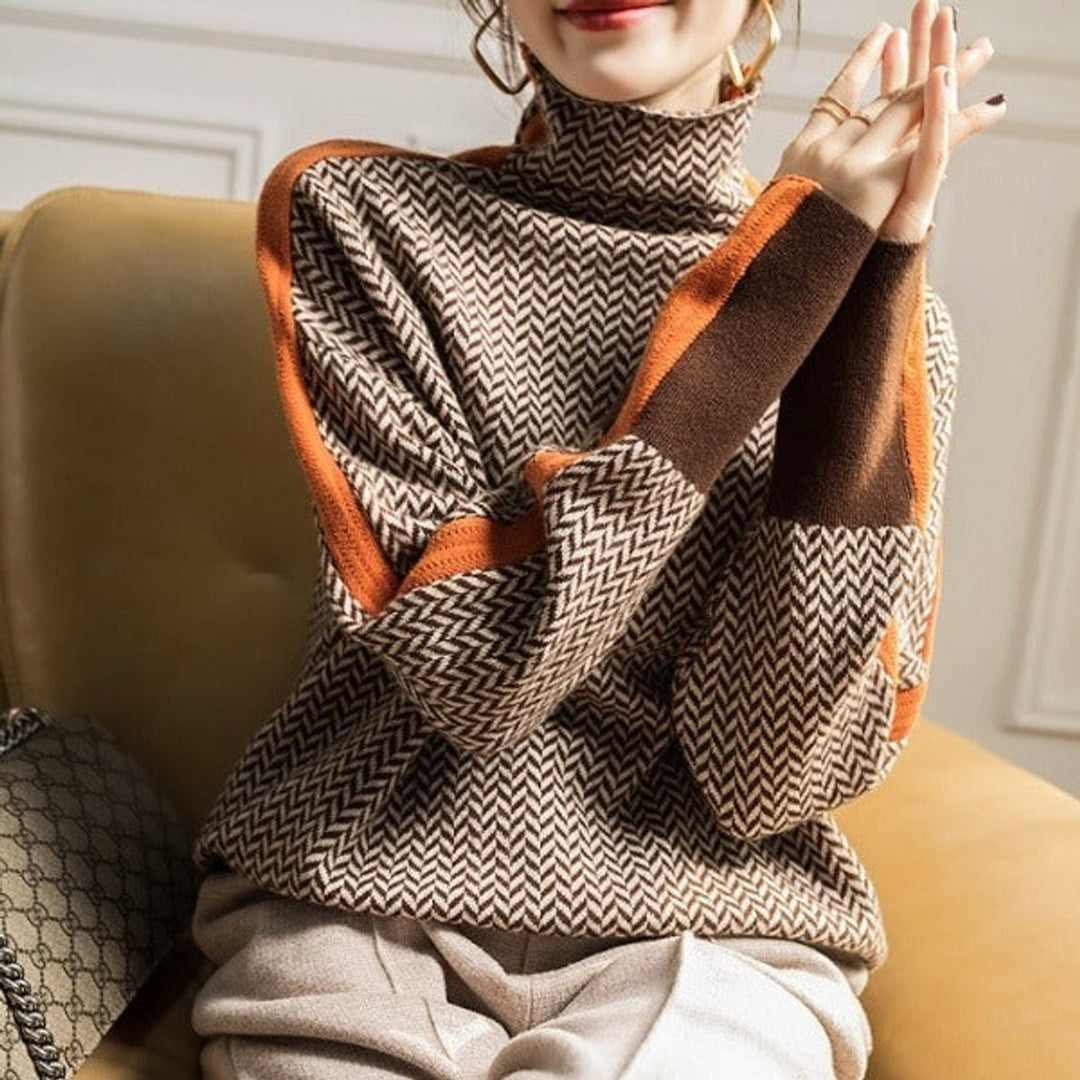 Women's Herringbone Turtleneck Sweater with Stripes - Ada - Orange Stripe