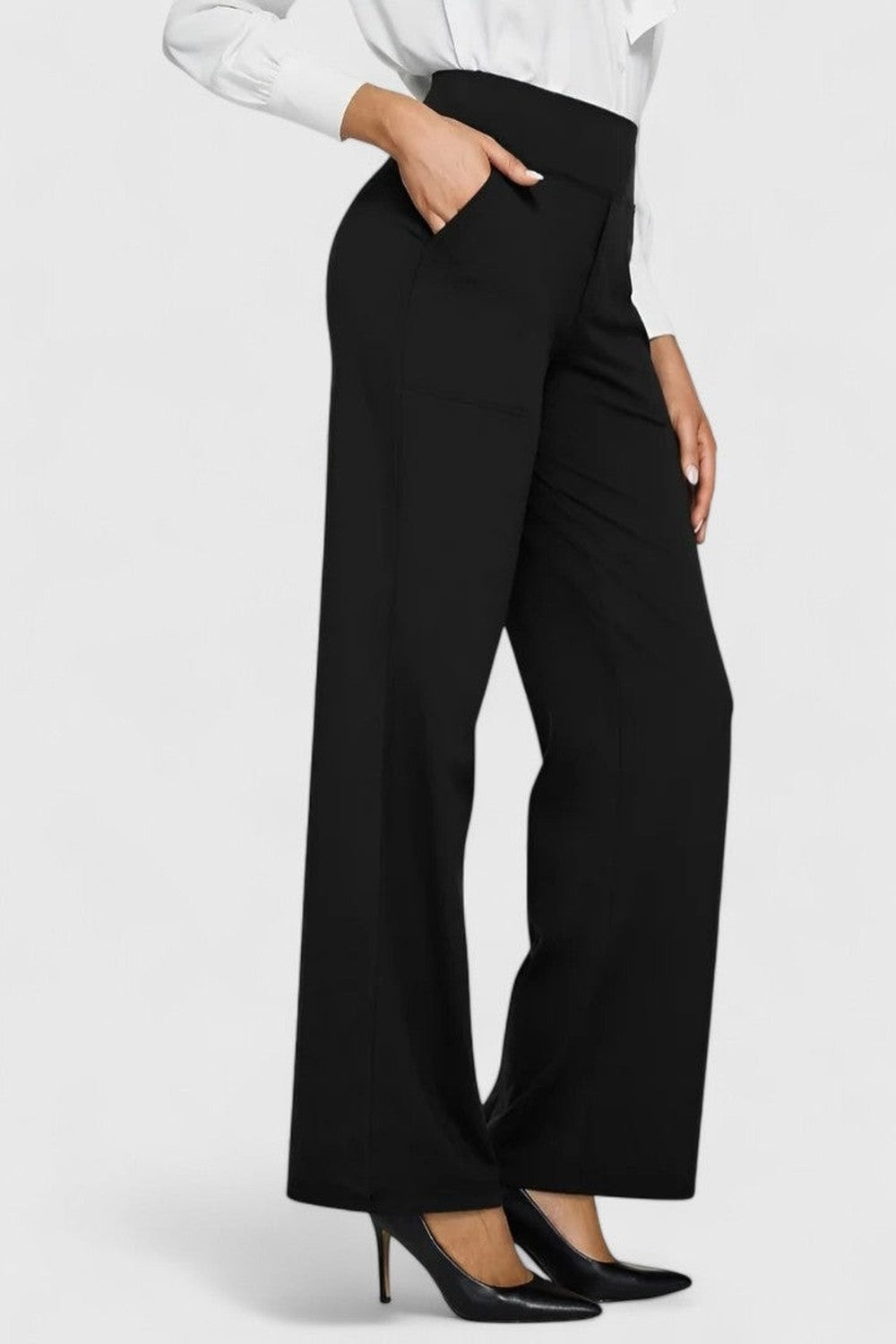 Women's High Rise Wide Leg Pants with Pockets - Delphine - Black