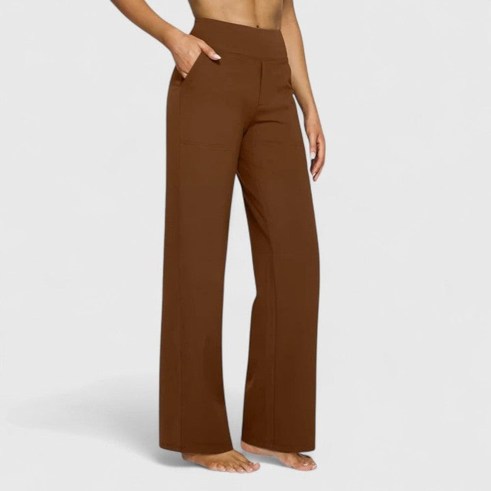 Women's High Rise Wide Leg Pants with Pockets - Delphine - Brown