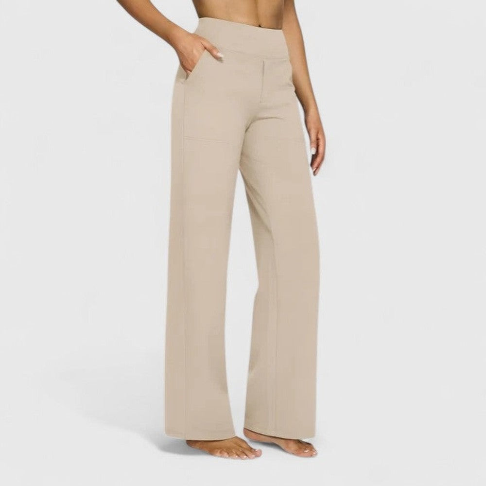 Women's High Rise Wide Leg Pants with Pockets - Delphine - Cream