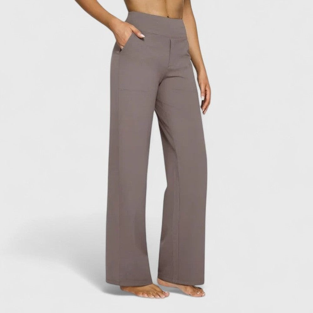 Women's High Rise Wide Leg Pants with Pockets - Delphine - Taupe