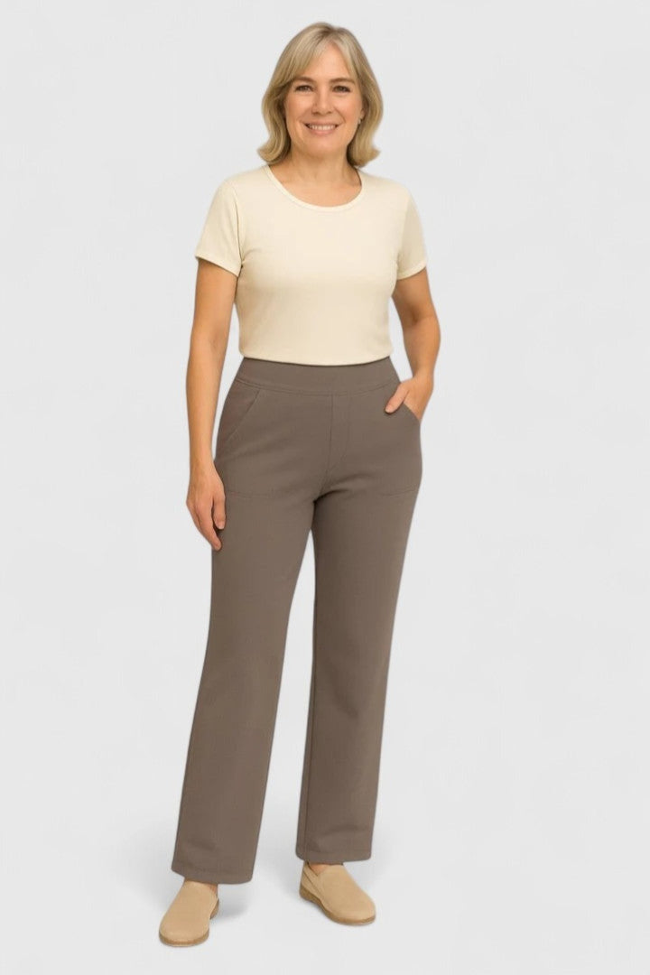 Women's High Rise Wide Leg Pants with Pockets - Delphine - Taupe