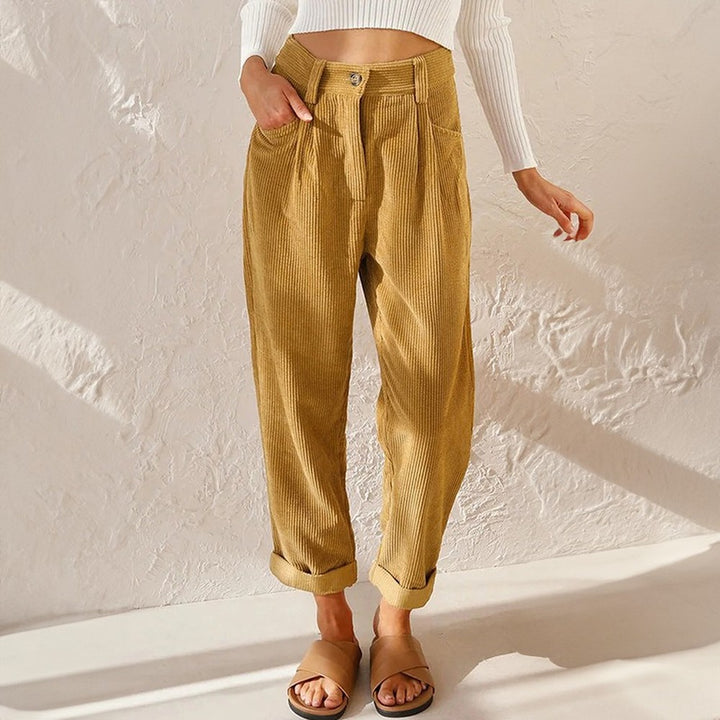 Women's High Waisted Barrel Leg Pants with Cuffs - Sabine - Mustard
