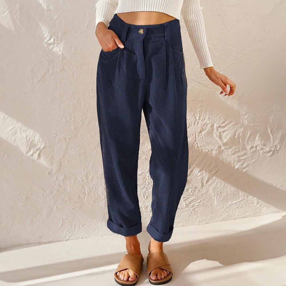 Women's High Waisted Barrel Leg Pants with Cuffs - Sabine - Navy