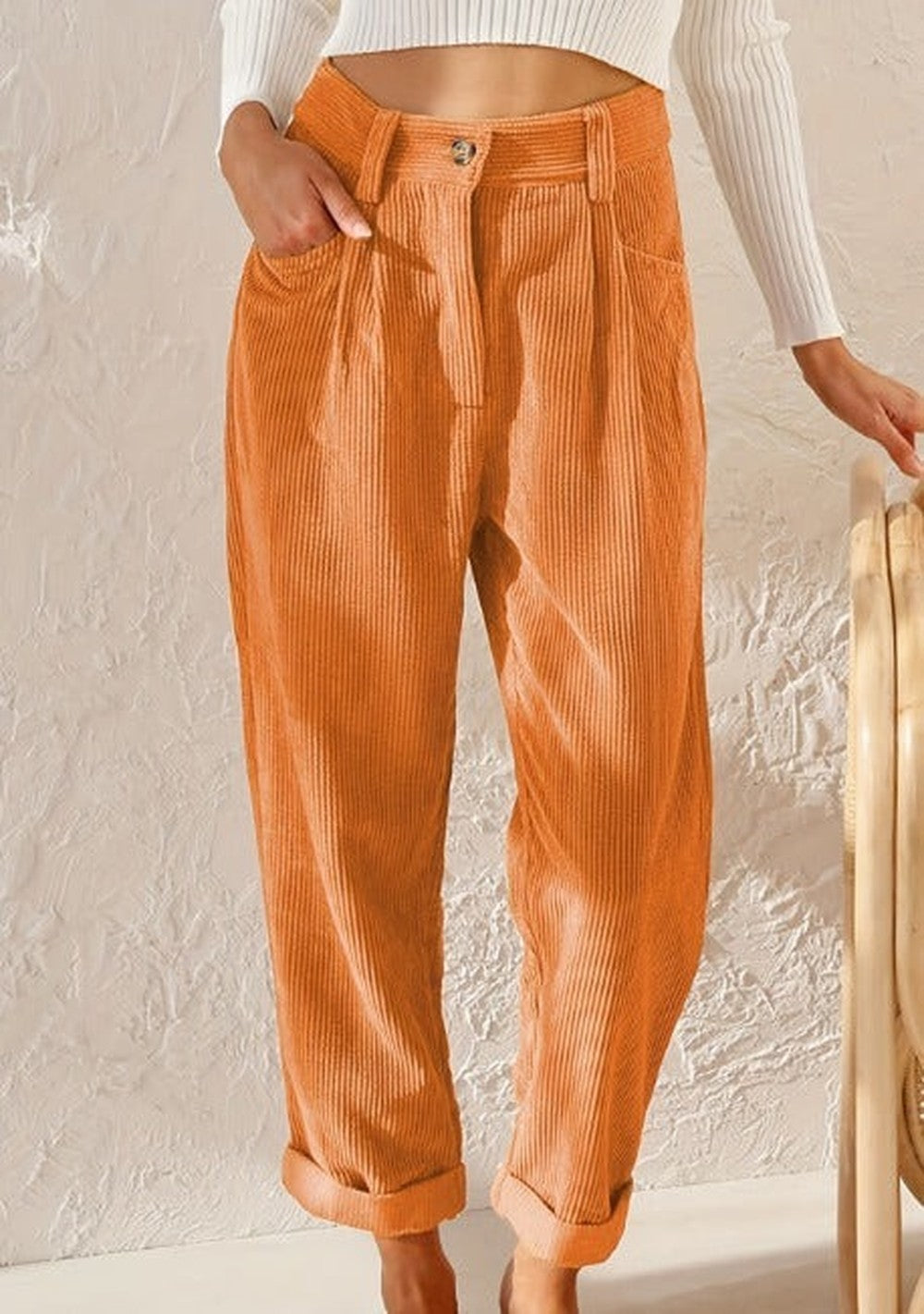 Women's High Waisted Barrel Leg Pants with Cuffs - Sabine - Orange