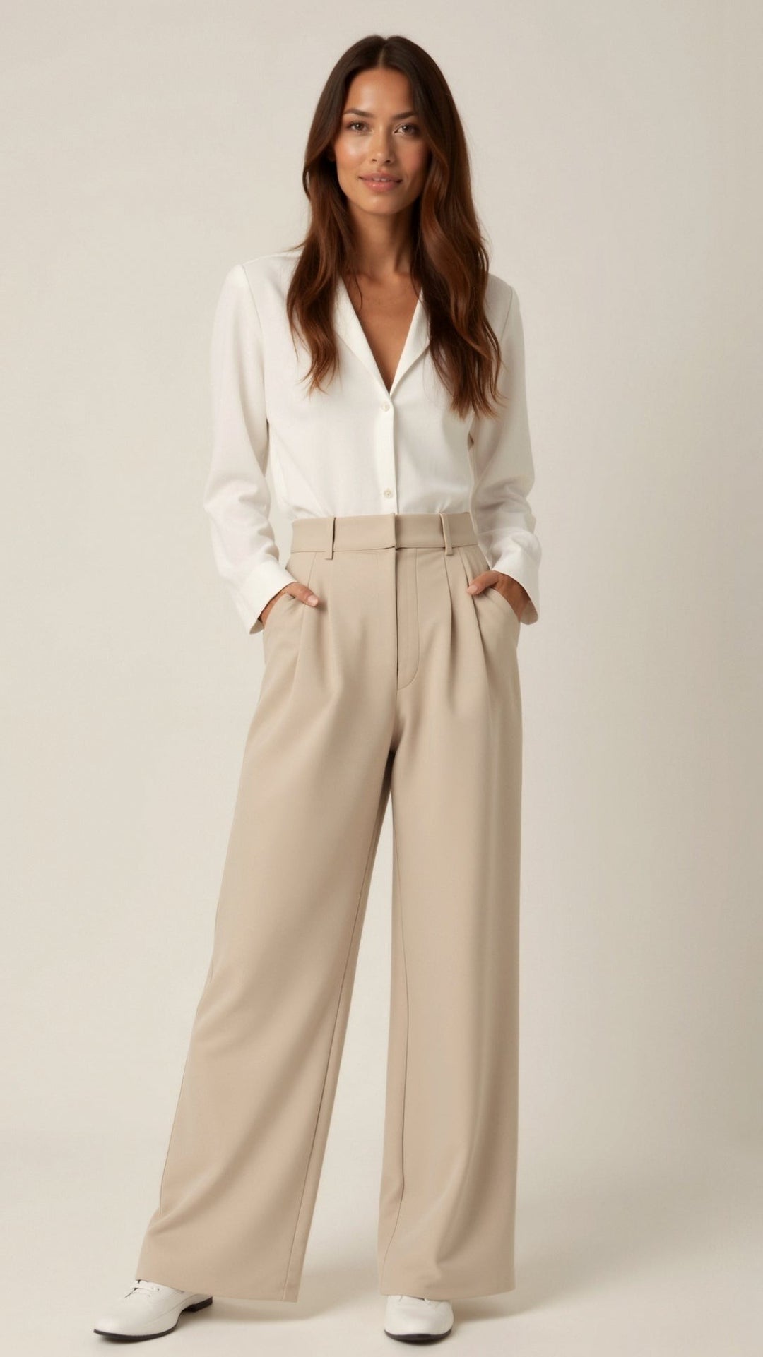 Women's High Waisted Wide Leg Pants with Pleats - Josephine - Beige